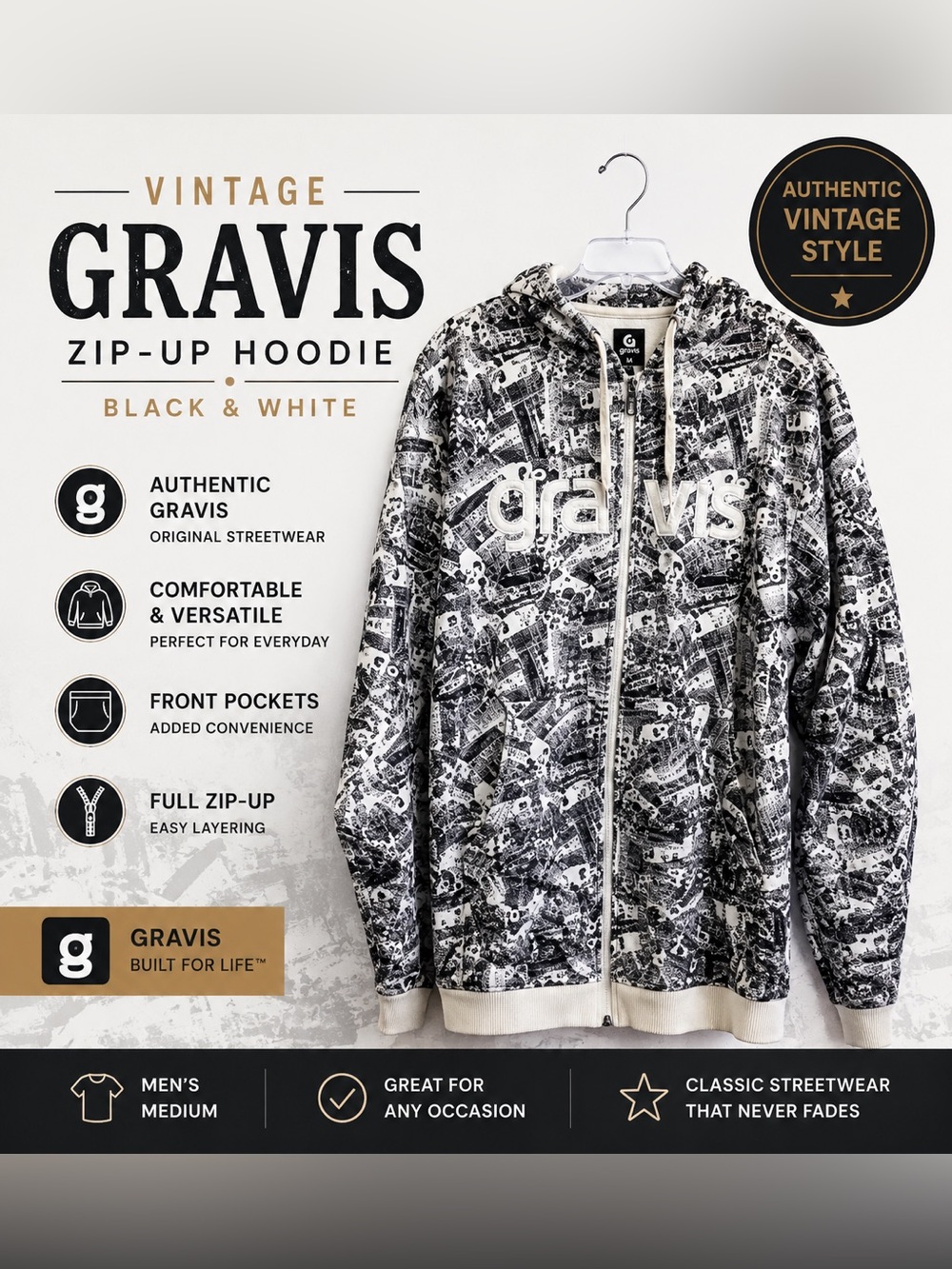 Vintage Gravis Full Zip Hoodie – Black & White Graphic Print – Men’s Medium